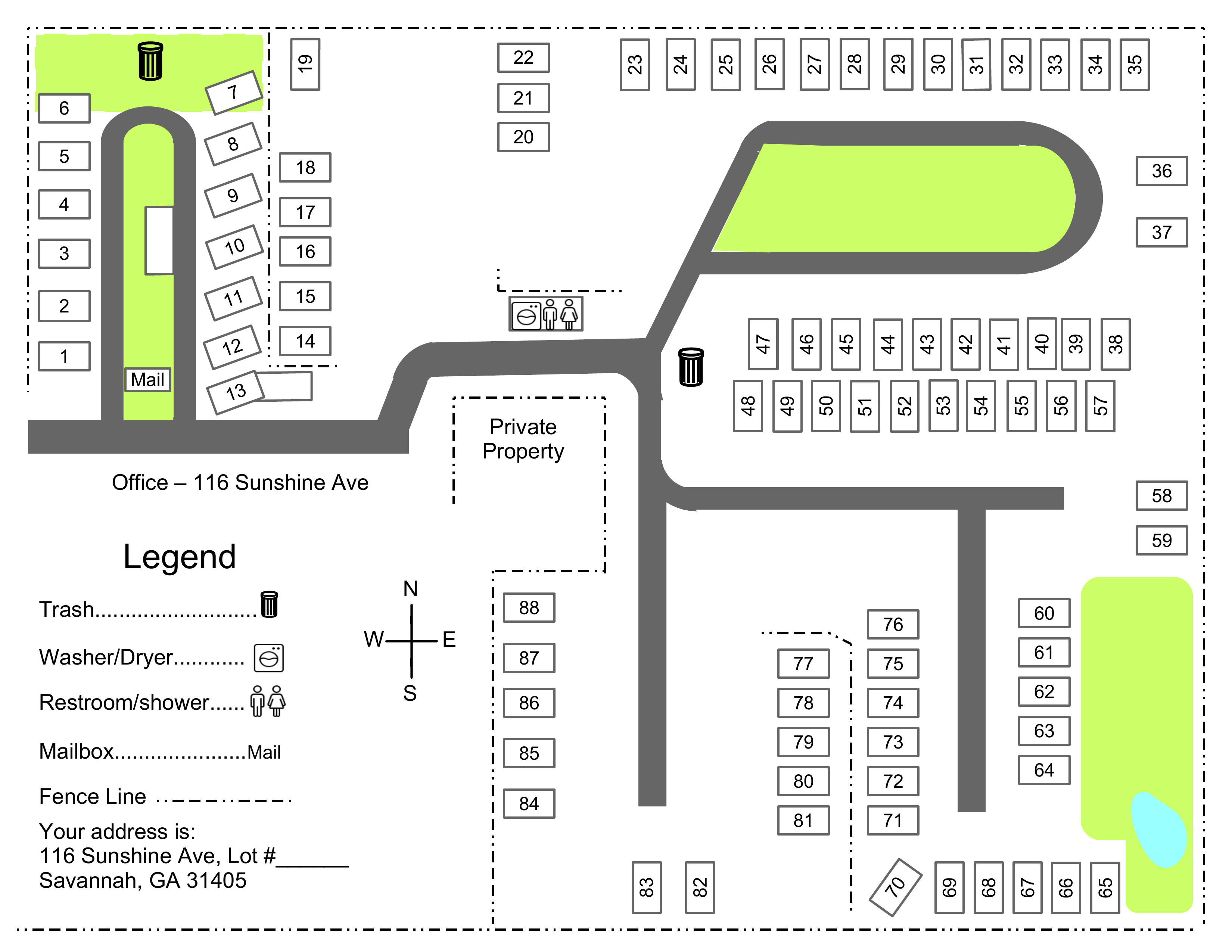 Official Sunshine R.V. Park map showing sites 1 through 88, office, mailboxes, laundry, bathrooms and trash areas